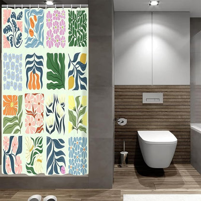 JAWO Retro Shower Curtain Vintage Abstract Boho Floral Shower Curtains for Bathroom Decor Green Teal Botanical Geometric Groovy Aesthetic Pattern Shower Curtain Sets with Hooks, 36X72IN