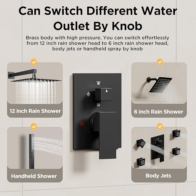 Shower Faucet Sets Matte Black Shower System,STARBATH 4 Way 12+6" Dual Head Shower Set Complete with 2 in 1 Handheld,Wall Mounted Rainfall Shower Head with 4 Body Spray Jets, Shower Jets System