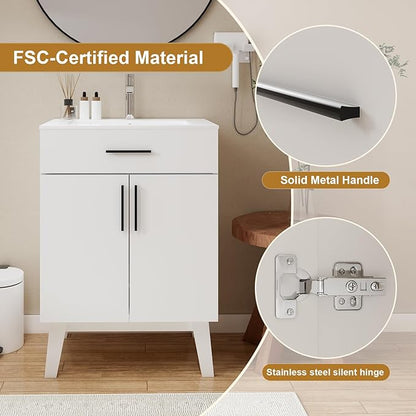 Bathroom Vanity Without Sink, Vanity Combo with Two Soft Close Cabinet Doors, Modern Single Bathroom Cabinet Set with Metal Handles (White Without Sink, 24)
