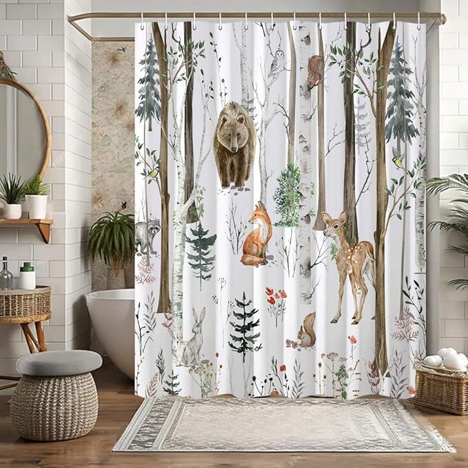 JAWO Camper Shower Curtain, Rustic Lodge Cabin Woodsy Wildlife Animals Woodland Rv Shower Curtains Camper Camping Bathroom Set with Hooks, 47X64 Inch, White