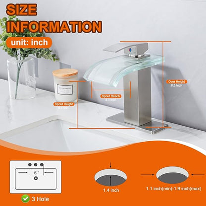 LED Bathroom Sink Faucet, Brushed Nickel Waterfall 1 Hole Single Handle Wide Glass Spout, Vanity Faucets for Sinks with Pop Up Drain Parts