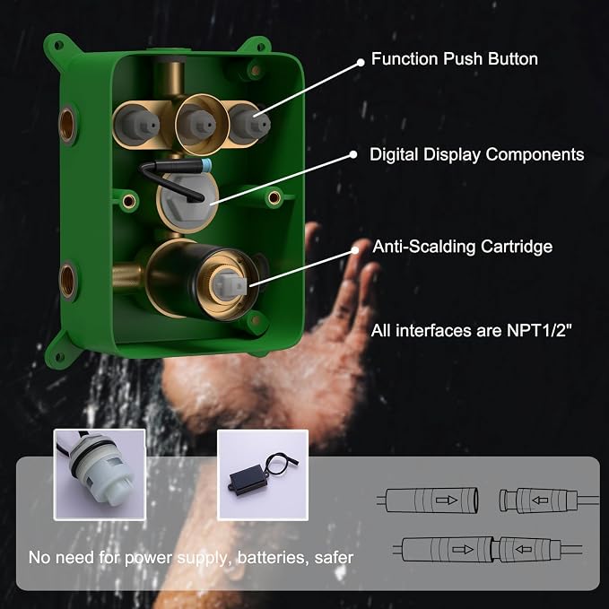 Shower System Brushed Nickel Shower Faucet Set with 2 Rain Shower Head(12+8 inch), Handheld Spray, with Temperature Display Function