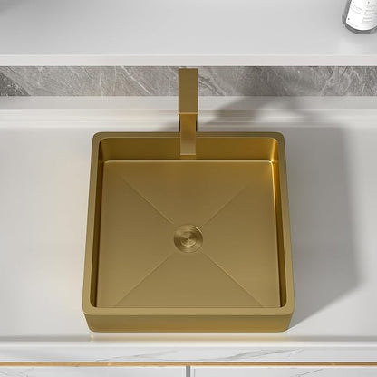 15"x15" Bathroom Vessel Sink Square - Brushed Gold NANO-PVD, 16 Gauge 304 Stainless Steel, Above Counter Modern Vanity Lavatory Bath Sink Basin
