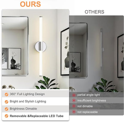 Bathroom Vanity Lights Chrome LED Vanity Lights Modern 24" | 360° Bright Lighting, Dimmable Vanity Light Bar, Hardwired Wall Lights 4000K Natural White for Mirror