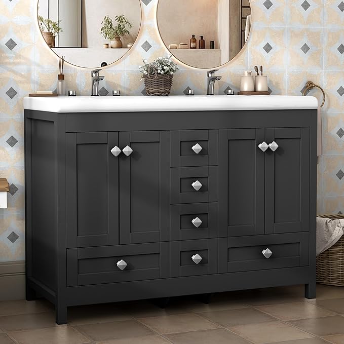 46.7 inch Bathroom Sink Vanity Combo, Large Freestanding Double Bath Vanity Sink Set with 2 Cabinets & 6 Drawers, Dual Basin Modern Bathroom Storage Cabinet, Black