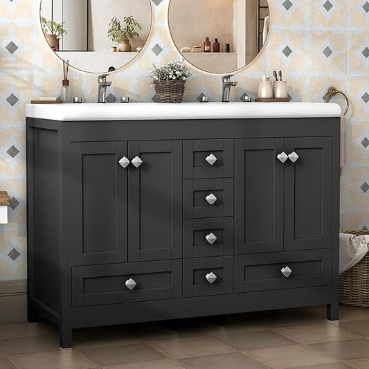 46.7 inch Bathroom Sink Vanity Combo, Large Freestanding Double Bath Vanity Sink Set with 2 Cabinets & 6 Drawers, Dual Basin Modern Bathroom Storage Cabinet, Black