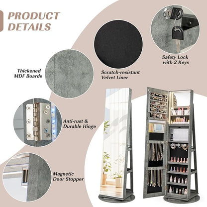 MAT EXPERT 360° Rotating Jewelry Armoire, Lockable Freestanding Jewelry Organizer w/Full-length Mirror, 3-Color LED Lights, Rear Storage Shelves, Mirror Jewelry Cabinet for Bedroom (Stone Gray)