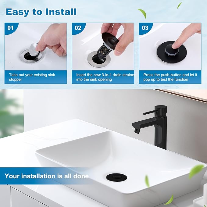 Hibbent Universal Bathroom Sink Drain Strainer, Upgraded 3 in 1 Pop Up Stopper, Removable Stainless Steel Filter Basket, Brass Bullet Core, Hair Catcher Sink Plug for 1.1''~2.36'' Hole, Matte Black