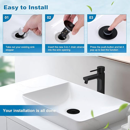 Hibbent Universal Bathroom Sink Drain Strainer, Upgraded 3 in 1 Pop Up Stopper, Removable Stainless Steel Filter Basket, Brass Bullet Core, Hair Catcher Sink Plug for 1.1''~2.36'' Hole, Matte Black
