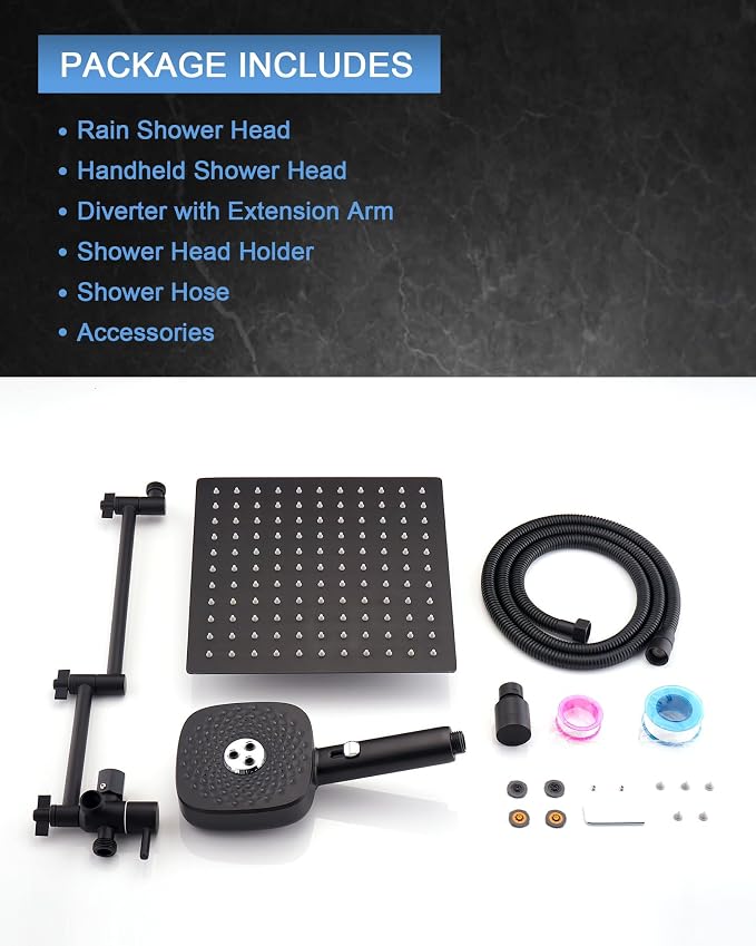 10" Rainfall Shower Head with Handheld Combo, High Pressure Dual Showerhead with Square Rain& Magnetic Hand Sprayer, 15" Adjustable Metal Extension Arm (Matte Black)