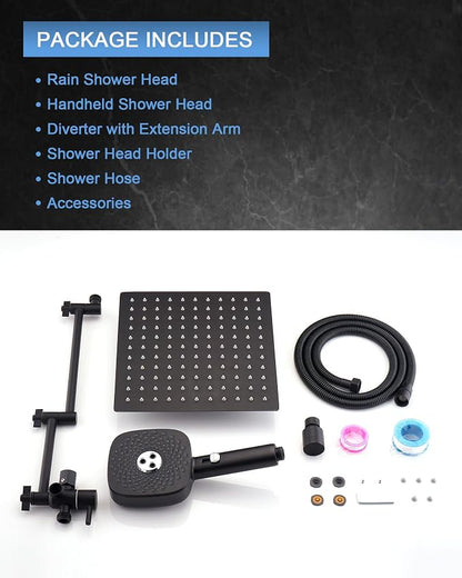 10" Rainfall Shower Head with Handheld Combo, High Pressure Dual Showerhead with Square Rain& Magnetic Hand Sprayer, 15" Adjustable Metal Extension Arm (Matte Black)