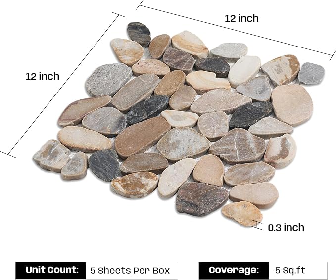 Pebble Tile for Shower Floor, Brown Sliced Stone Pebble Mosaic Tile | Stain Resistant 12"x12" Stone Backsplash for Kitchen, Fireplace Surround & Spa Wall Decor Outdoor Areas and Garden Path 5SqFt