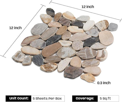 Pebble Tile for Shower Floor, Brown Sliced Stone Pebble Mosaic Tile | Stain Resistant 12"x12" Stone Backsplash for Kitchen, Fireplace Surround & Spa Wall Decor Outdoor Areas and Garden Path 5SqFt