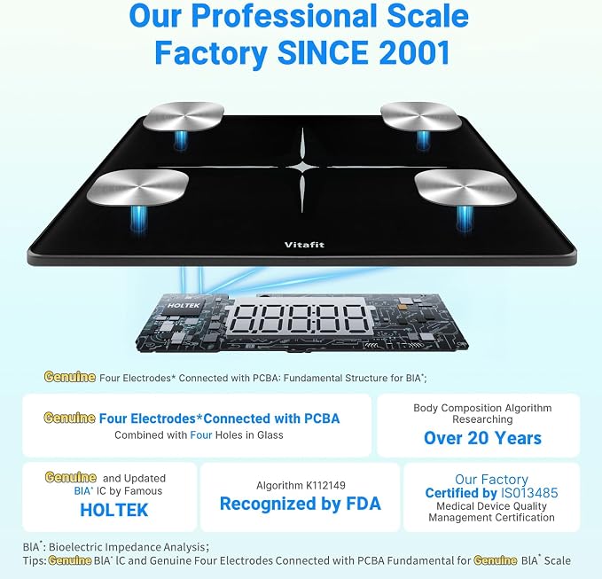 Vitafit FSA&HSA Smart Weight Scale, Accuracy 0.1lb by Our Professional Scale Factory Since 2001, Scale for Body Weight App Sync 13 Body Composition with BMI, Body Fat and Muscle, 400lb, LED, Black