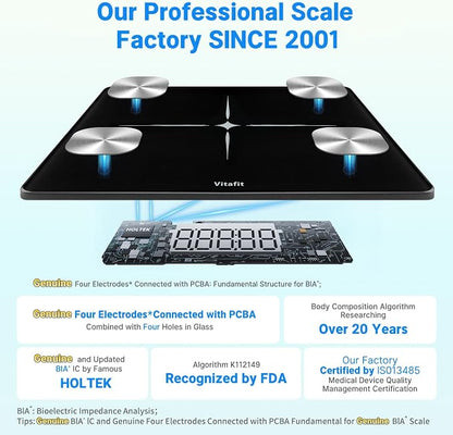 Vitafit FSA&HSA Smart Weight Scale, Accuracy 0.1lb by Our Professional Scale Factory Since 2001, Scale for Body Weight App Sync 13 Body Composition with BMI, Body Fat and Muscle, 400lb, LED, Black