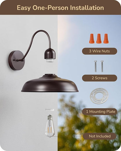 EDISHINE 12" Farmhouse Gooseneck Barn Light, 2 Pack Outdoor Wall Light | Brown, E26 Socket, Hardwired, Wall Mount Lantern for Porch, Entryway, Garage, Garden, Patio