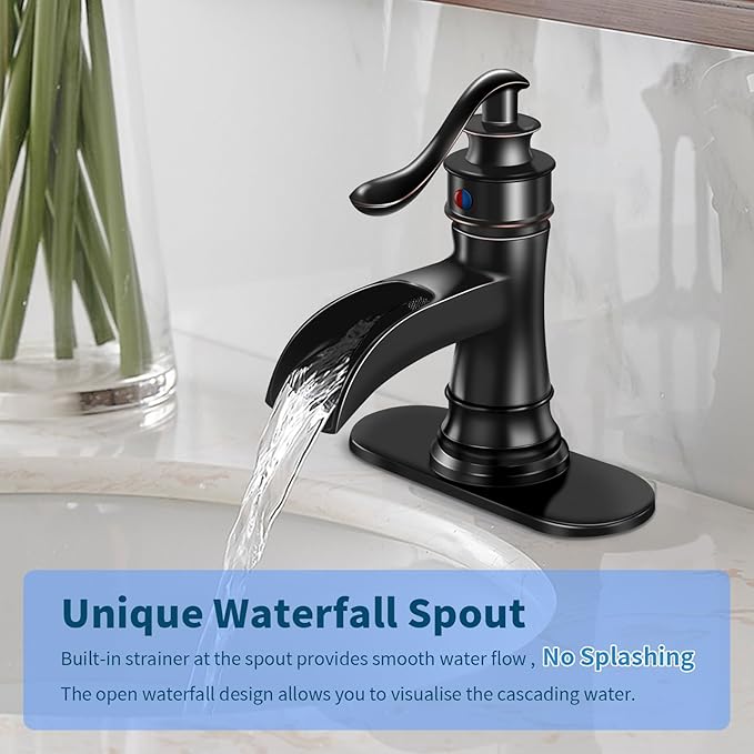 BWE Bathroom Sink Faucet Oil Rubbed Bronze Waterfall with Pop Up Drain Stopper Assembly Water Supply Hose Rustic Lead-Free Lavatory Vanity Bath Black Farmhouse Faucet Single Handle Mixer Single Hole