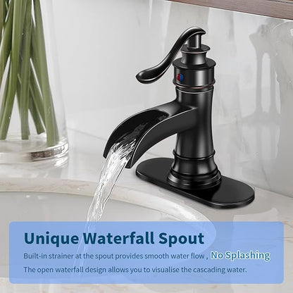 BWE Bathroom Sink Faucet Oil Rubbed Bronze Waterfall with Pop Up Drain Stopper Assembly Water Supply Hose Rustic Lead-Free Lavatory Vanity Bath Black Farmhouse Faucet Single Handle Mixer Single Hole