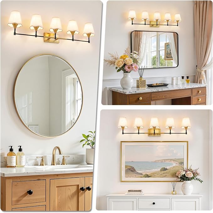 Black Gold Bathroom Vanity Light: 5 Light Vanity Lighting Fixtures with Flared Fabric Shade, Farmhouse Bathroom Lighting Fixtures over Mirror, Wall Sconce Lights for Bedroom Hallway Living Room