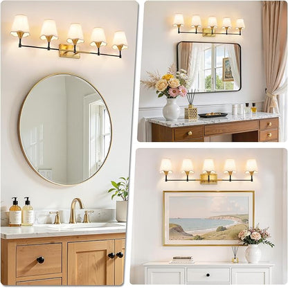 Black Gold Bathroom Vanity Light: 5 Light Vanity Lighting Fixtures with Flared Fabric Shade, Farmhouse Bathroom Lighting Fixtures over Mirror, Wall Sconce Lights for Bedroom Hallway Living Room