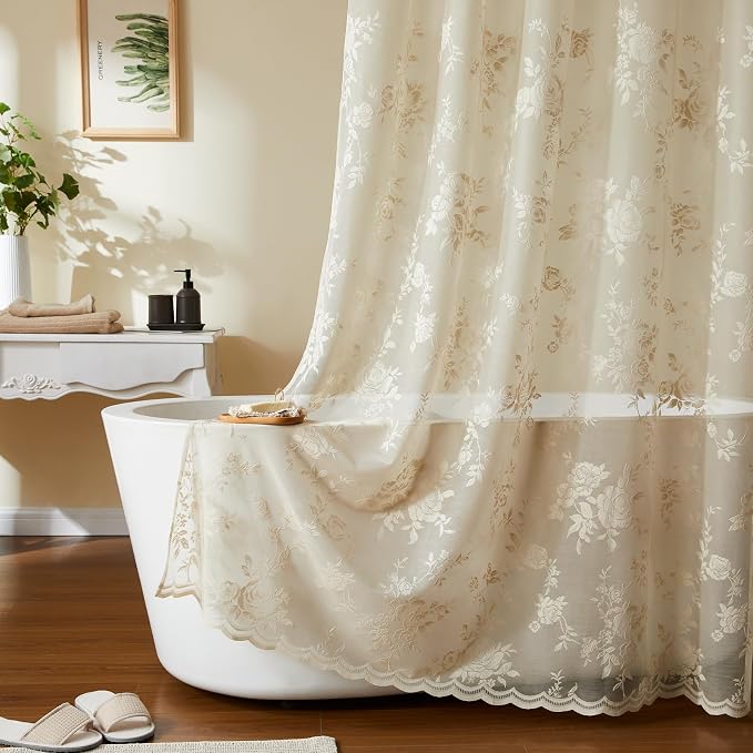 Beige Lace Shower Curtain with Attached Valance Decorative Vintage Floral Shower Curtain for Bathroom Spa Boho Cottagecore Decor Scalloped Edge Shabby Chic Bath Curtains Spa-like Hotel, 72 x 72 Inch