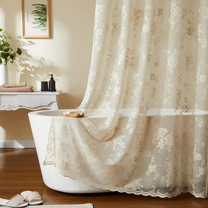 Beige Lace Shower Curtain with Attached Valance Decorative Vintage Floral Shower Curtain for Bathroom Spa Boho Cottagecore Decor Scalloped Edge Shabby Chic Bath Curtains Spa-like Hotel, 72 x 72 Inch