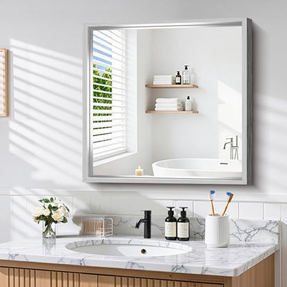 CIRCUMI 30"x30" Brushed Silver Bathroom Mirror, Square Mirror for Vanity | Chunky Box Metal Frame, Shatterproof, Tempered Glass, Bathroom Remodel&New Home,Wall Mirror for Over Sink,Living Room,Hallway