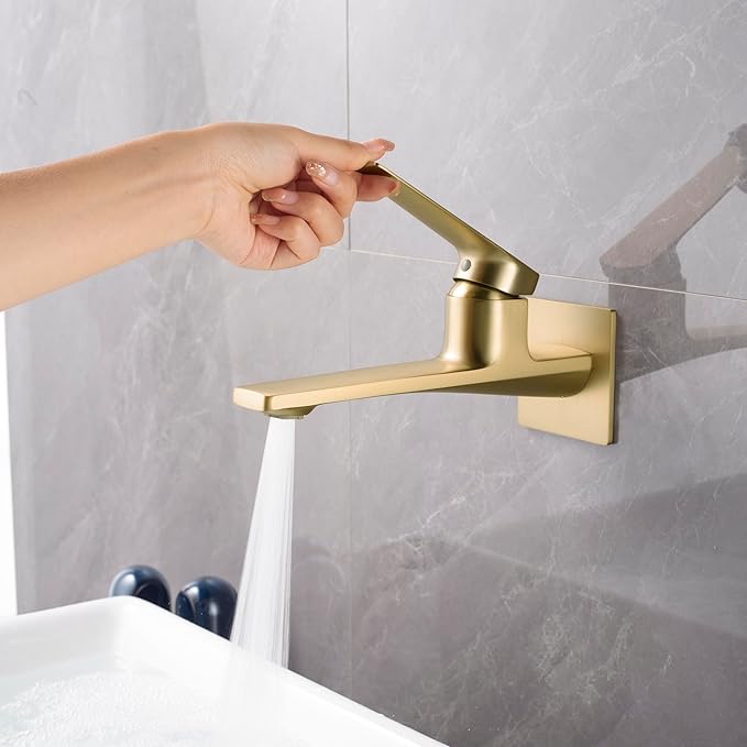 Modern Wall Mount Bathroom Faucet –Brushed Gold,Solid Brass Single Handle with Flip Aerator (2 Flow Modes), Rough-in Valve for Concealed Installation