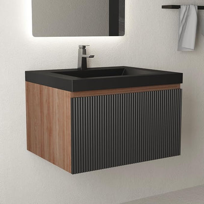 24 Inch Floating Bathroom Vanity with Sink, Wall Mounted Striped Storage Cabinet, Soft Close Drawer, Black Quartz Sand Basin, Fully Assembled, Smoked Walnut Finish