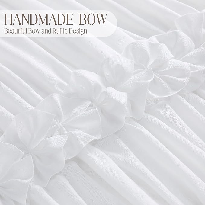 Cute White Ruffle Shower Curtain Vintage Farmhouse Linen 72" W x 90" H | Linen Blend Fabric, Ruffle Bow and Ruffled Hem，Linen Texture，Machine Washable，12 Metal Holes and Plastic Hooks
