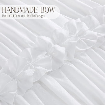 Cute White Ruffle Shower Curtain Vintage Farmhouse Linen 72" W x 90" H | Linen Blend Fabric, Ruffle Bow and Ruffled Hem，Linen Texture，Machine Washable，12 Metal Holes and Plastic Hooks