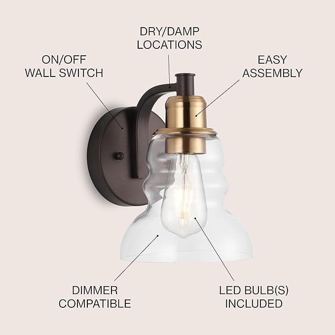 JONATHAN Y 6.5" Brass Gold/Oil Rubbed Bronze Modern Industrial Rustic 1-Light LED Vanity Light with Clear Glass Shade, Vintage Wall Sconce for Bathroom Kitchen Hallway, LED Bulb Included JYL3544A
