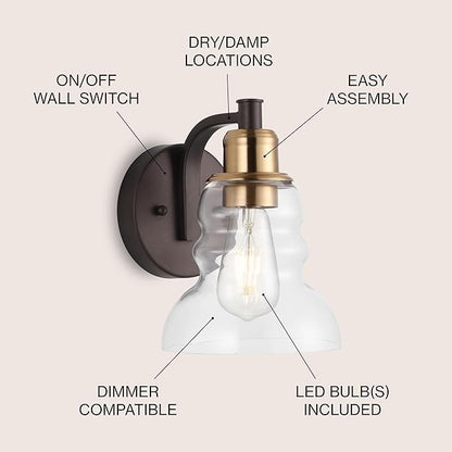 JONATHAN Y 6.5" Brass Gold/Oil Rubbed Bronze Modern Industrial Rustic 1-Light LED Vanity Light with Clear Glass Shade, Vintage Wall Sconce for Bathroom Kitchen Hallway, LED Bulb Included JYL3544A