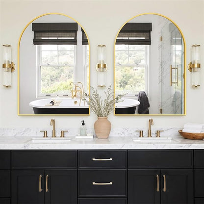 FGU Arched Bathroom Mirror for Over Sink 40"x28" Gold Vanity Mirror | Wall Mounted, HD Tempered Shatter-Proof Glass, Rust-proof Arched Metal Frame, Arch Mirror for Bedroom, Living Room, Entryway