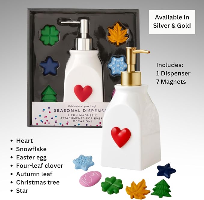 SKL Home Seasonal Soap/Lotion Dispenser Set with 7 Holiday Magnets, Gold | Interchangeable designs to celebrate all year! Gift-ready & great for the bathroom, kitchen, bar or any sink space.