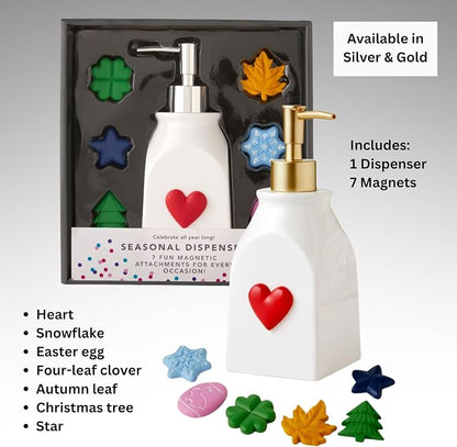SKL Home Seasonal Soap/Lotion Dispenser Set with 7 Holiday Magnets, Gold | Interchangeable designs to celebrate all year! Gift-ready & great for the bathroom, kitchen, bar or any sink space.