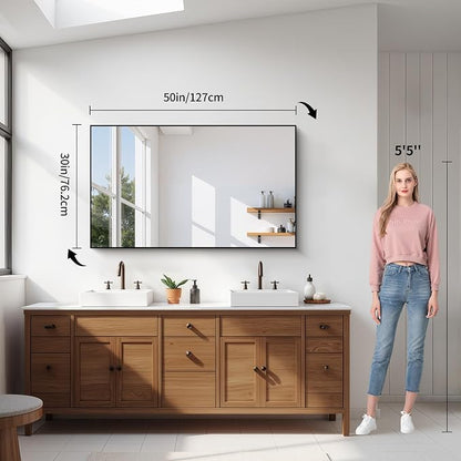 YIROMAN Bathroom Mirror 50"x30", Large Brushed Silver Bathroom Mirror for Over Sink with Aluminum Frame, Rectangular Vanity Mirror with Right Angle, Wall Mirror Hangs Horizontal or Vertical