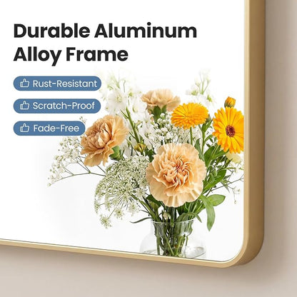 OLIXIS 38x26 Inch Bathroom Wall Mount Mirror with Rounded Rectangle, Gold | Modern Wall Vanity Mirrors for Over Sink with Matte Brush Metal Framed, for Home Decor, Living Room, Bedroom