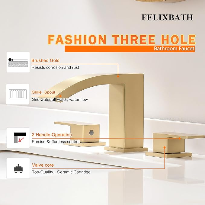 Brushed Gold Waterfall Bathroom Faucet 3 Holes - 8 inch Bathroom Sink Faucet 2 Handles - Stainless Steel Widespread Bathroom Vanity Faucet with Pop Up Drain & 2 Water Supply Lines