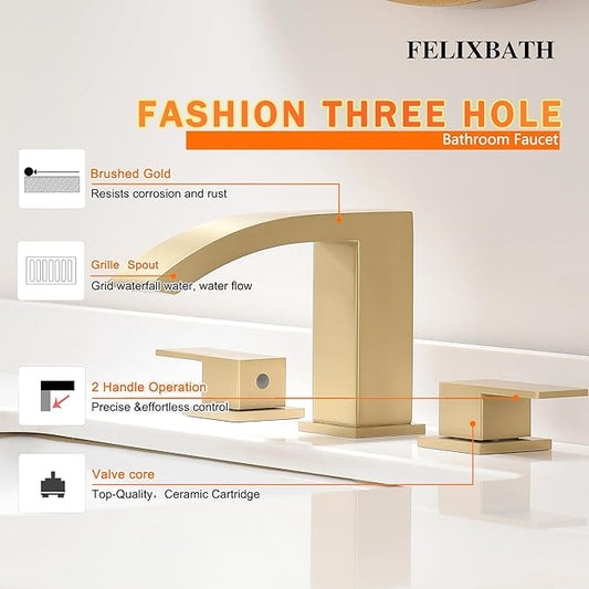 Brushed Gold Waterfall Bathroom Faucet 3 Holes - 8 inch Bathroom Sink Faucet 2 Handles - Stainless Steel Widespread Bathroom Vanity Faucet with Pop Up Drain & 2 Water Supply Lines