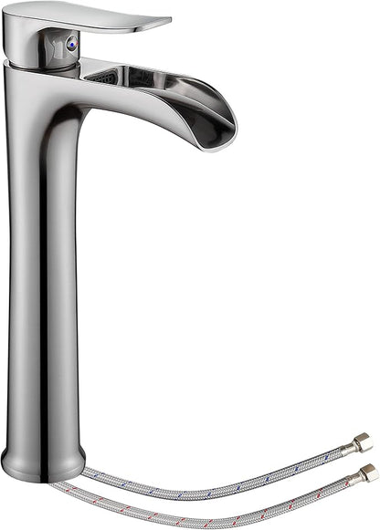 YUNDOOM Vessel Sink Faucet,Brushed Nickel Single Handle Single Hole Tall Bathroom Bowl Sink Faucet, Waterfall Bathroom Faucet