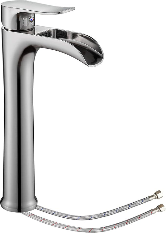 YUNDOOM Vessel Sink Faucet,Brushed Nickel Single Handle Single Hole Tall Bathroom Bowl Sink Faucet, Waterfall Bathroom Faucet