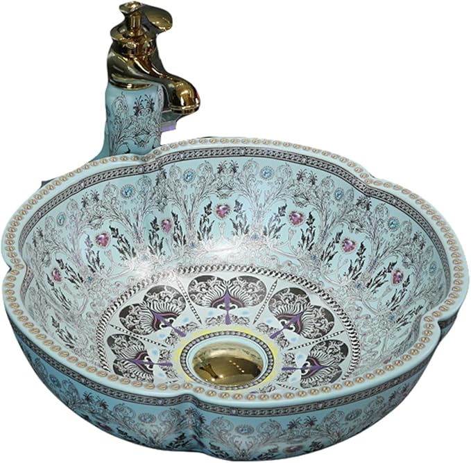 Bathroom Vessel Sinks Europe Style Light Blue Flower Shape Above Counter Ceramic Sink for Vanity Top