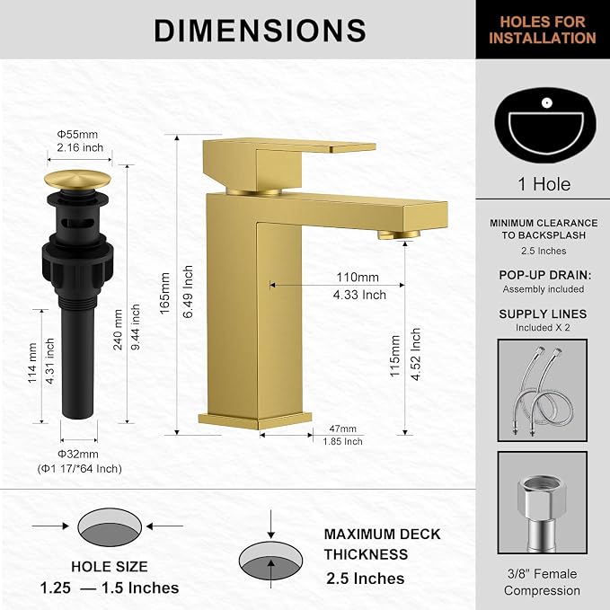 Brushed Gold Bathroom Faucet Single Hole, Single Handle Vanity Faucet | Bathroom Sink Faucet with Pop Up Drain & Supply Lines, Lead-Free cUPC & NSF Certified, 1 Handle Faucet for Vanity RV Restroom