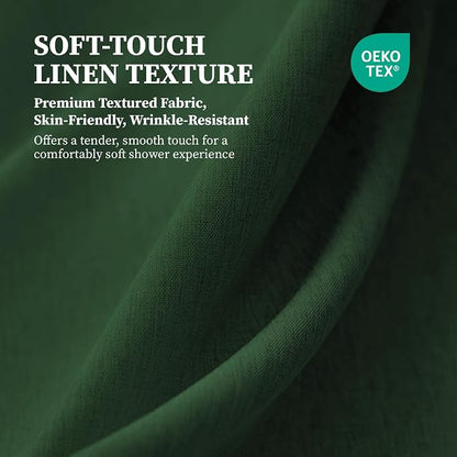 72x90 Linen Textured Waterproof Fabric Shower Curtain, Emerald Green | Long Size, 230GSM Polyester, Heavy Duty Cloth, Weighted Hem, 12 Plastic Hooks, Modern Luxury Hotel Style, Machine Washable