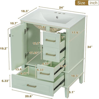 24.8" Bathroom Vanity with Ceramic Sink, Freestanding Bathroom Cabinet with Soft-Close Door, 3 Drawers & Spacious Storage, Solid Wood Frame and MDF, Modern Green Vanity for Small Bathrooms