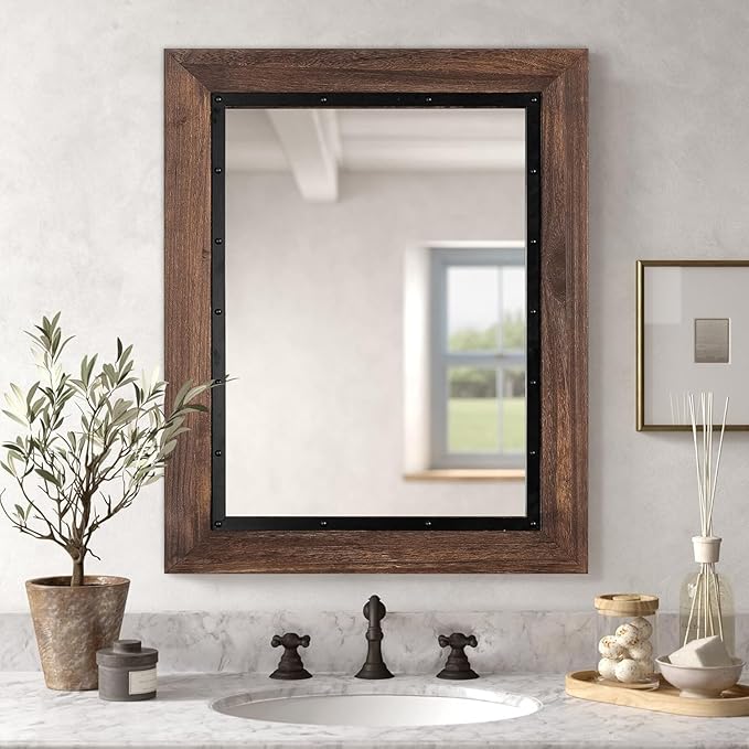 YOSHOOT Rustic Wooden Framed Wall Mirror, Natural Wood and Iron Bathroom Vanity Mirror for Farmhouse Decor, Vertical or Horizontal Hanging, 60" x 36", Brown