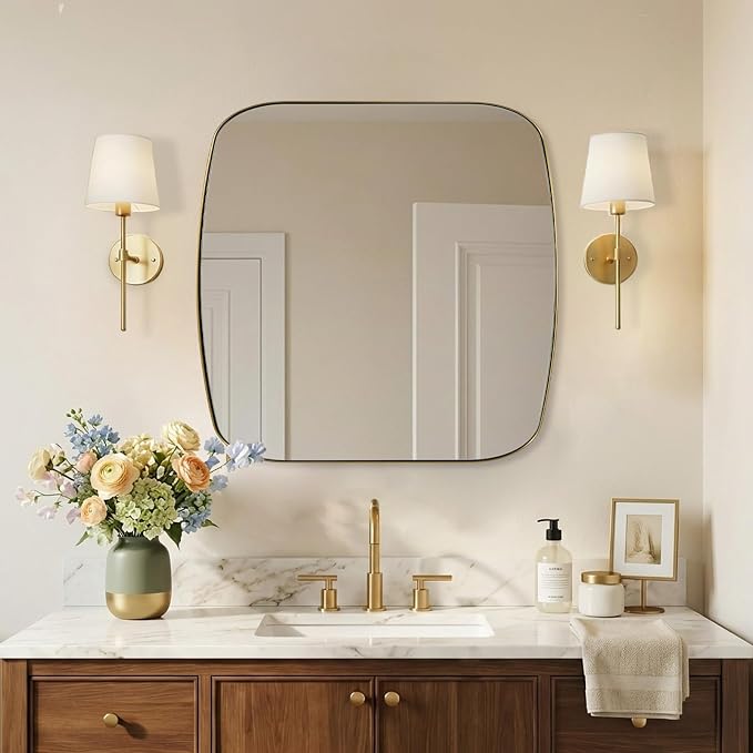 30x30 Gold Bathroom Mirror, Oblong Brass Mirror with Stainless Steel Metal Frame, Oval Vanity Mirror for Over Sink, Modern Anti Rust Wall Mounted