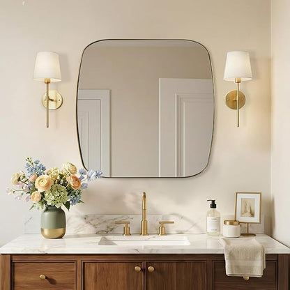 30x30 Gold Bathroom Mirror, Oblong Brass Mirror with Stainless Steel Metal Frame, Oval Vanity Mirror for Over Sink, Modern Anti Rust Wall Mounted