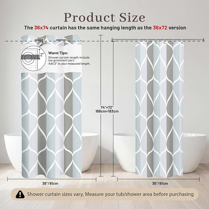 Gelbchu Gray No Hook Shower Curtain with Snap-in Liner, 36 x 74 Inch | Built-In Hooks, Mesh Top Window, Water-Repellent, Machine Washable, Quick Drying, Premium Polyester, Hotel Style, Modern